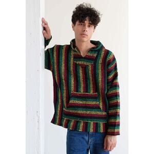 Baja Joe Striped Rasta Hoodie Woven Eco-Friendly Pullover Size L